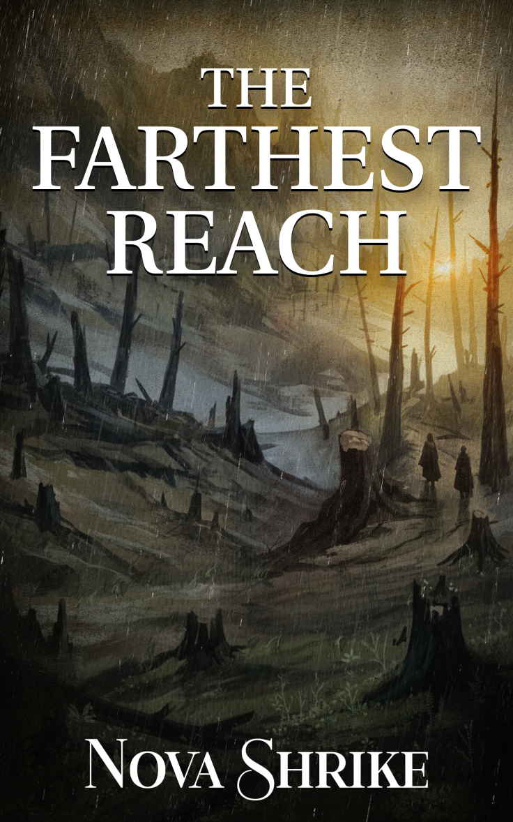 Book Cover- The Farthest Reach by Nova Shrike. Shows two travelers in a burnt forest.