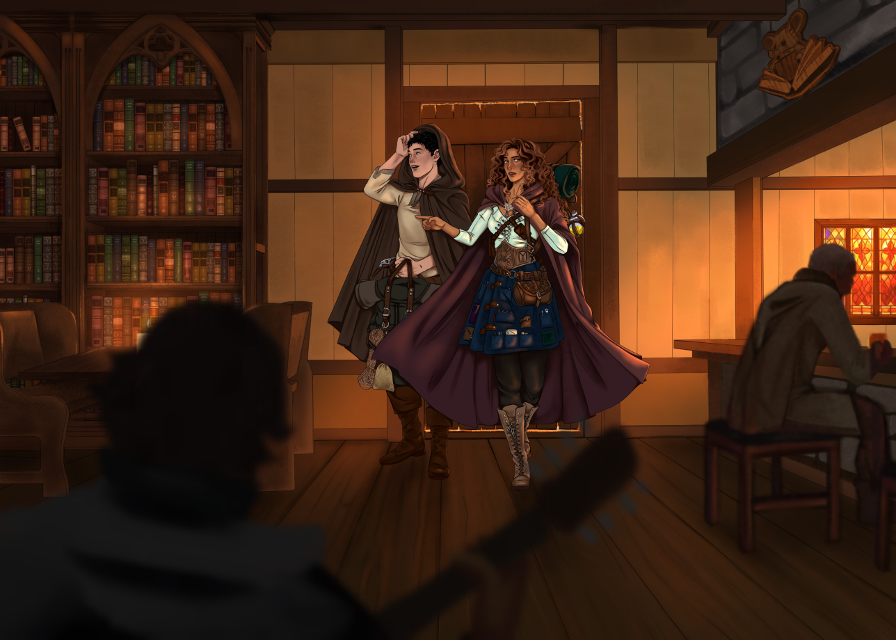 Picture of two travelers entering a tavern full of books