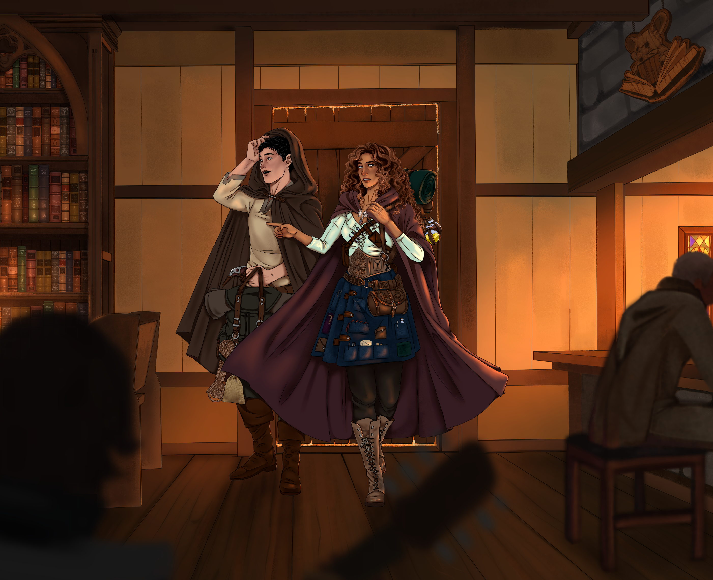 Two travelers walking into a tavern full of books